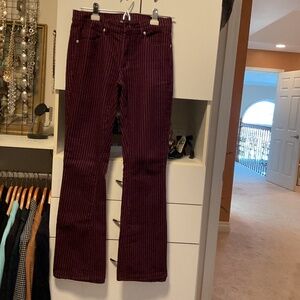 Plum corduroy, striped flare jeans